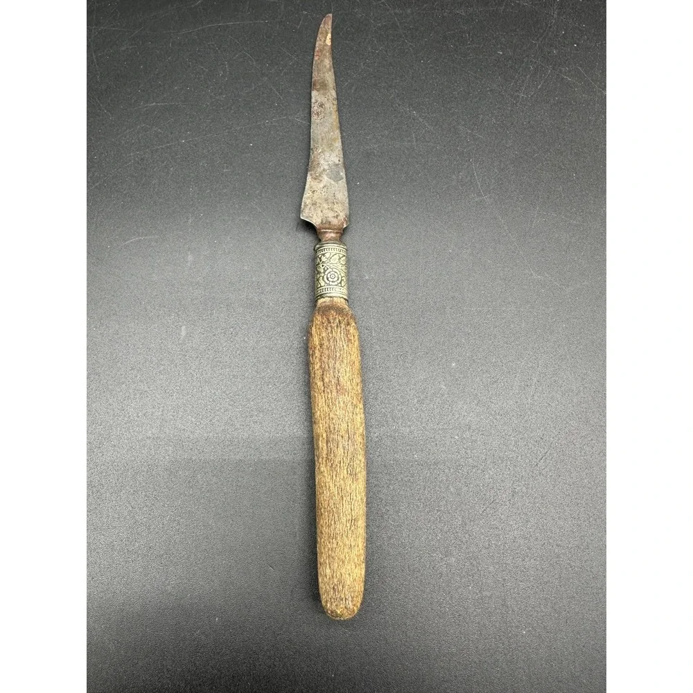 Vintage Wood Handle Metal‎ Letter Opener Etched Collar Rustic Desk Accessory